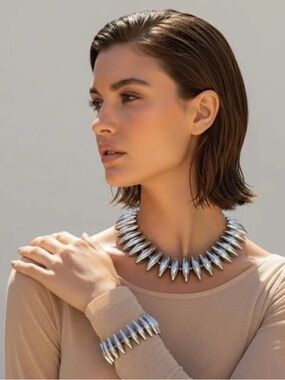 Bold Silver Spike Chunky Statement necklace Bracelet Set